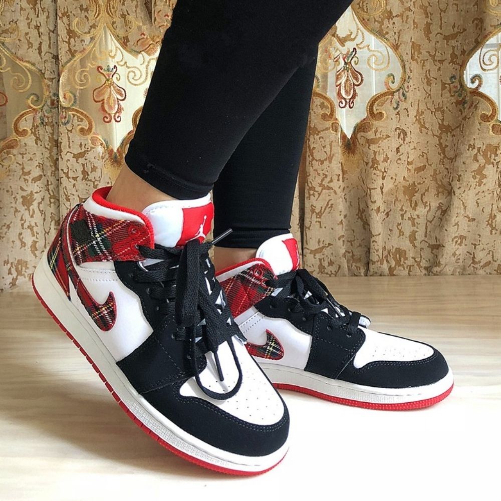 Air Jordan 1 Mid White Plaid Black Red